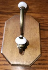 Vintage Wood Mounted Brass  White Porcelain Knob Coat Hook Hat Hanger Rack