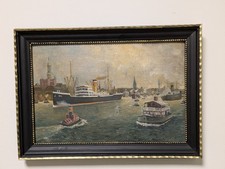 Schönes altes Ölgemälde Szene im Hamburger Hafen  gerahmt