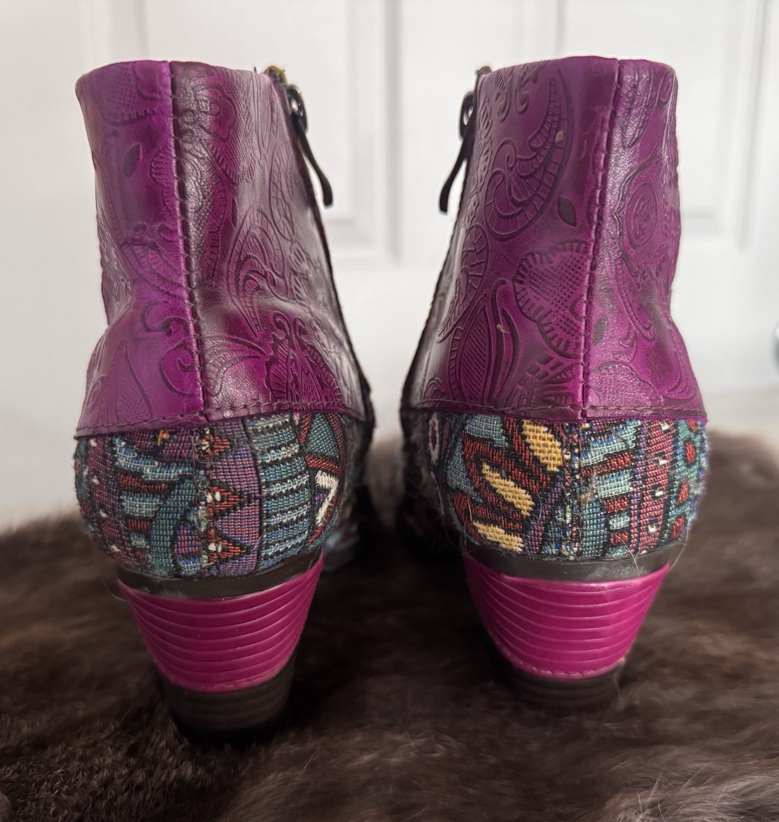Sz 7 Witchy Tooled Leather Patchwork Booties Embr… - image 4