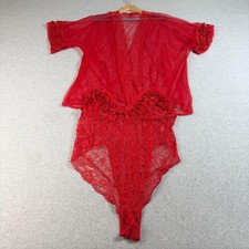 Vintage Floral Lace Teddy Women 3X Red Sheer Ruffle Mesh Lingerie Robe Set USA