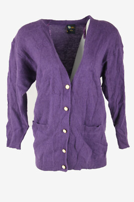 Vintage Strickjacke uni langarm V-Ausschnitt Retro warm 90er lila Gr. L - IL2912