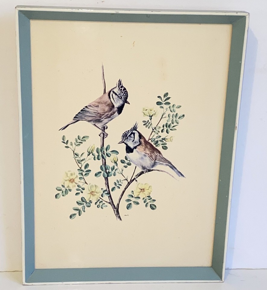 Delicate mid-century titmouse bird-on-branch wall hanging — the kind of charming naturalist folk art that's quietly having a major design moment.