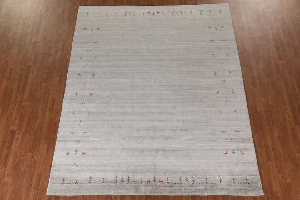 Alfombra de sala de estar gris 8x10 pies a rayas Gabbeh oriental alfombra de lana hecha a mano Foto 2 de 4