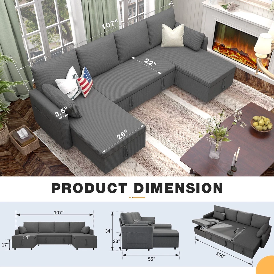 Sofá cama de pana, sofá cama extraíble con chaise de almacenamiento Foto 2 de 4