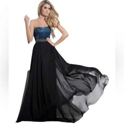 Tony Bowls Le Gala Blue/Black Sequins Iridescent Stones Formal Gown Size 12