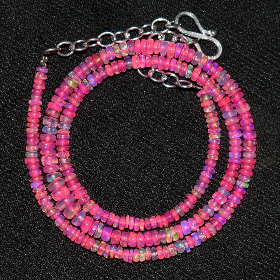 A+++ Collar de cuentas de piedras preciosas de ópalo rosa etíope natural Welo de 16" S02496 Foto 3 de 4