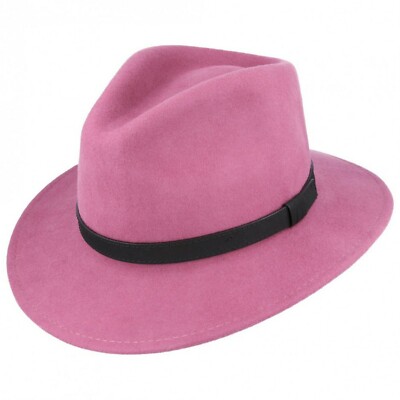  Knautschbarer Himbeer 100 % Wollfilz Trilby Fedora Hut mit Leder Typ Band