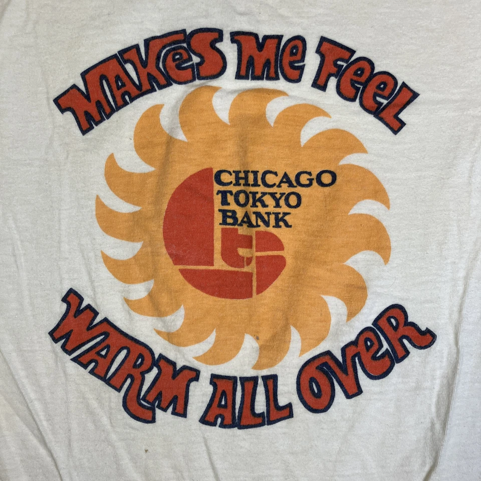 Vintage Chicago-Tokyo Bank Ringer T-Shirt M 70s Makes Me Feel Warm Made in USA - Image 3 of 4