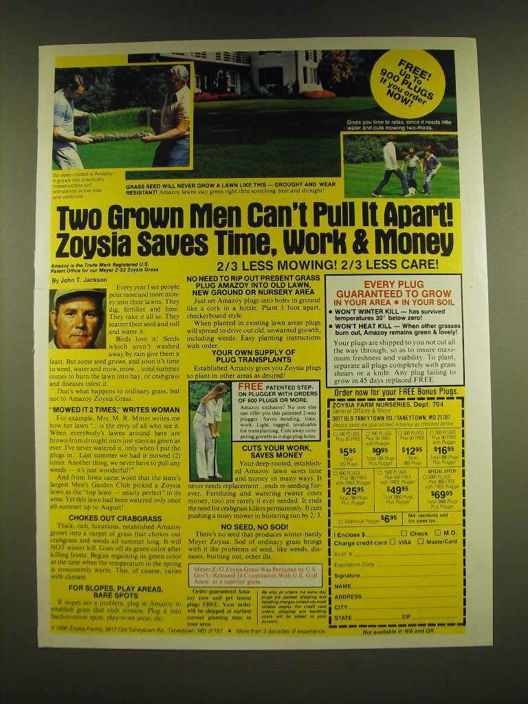 1990 Zoysia Grass Ad - Two grown men can't pull it apart! Zoysia saves time