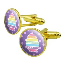 Cute Rainbow Happy Easter Egg Round Cufflink Set Gold Color