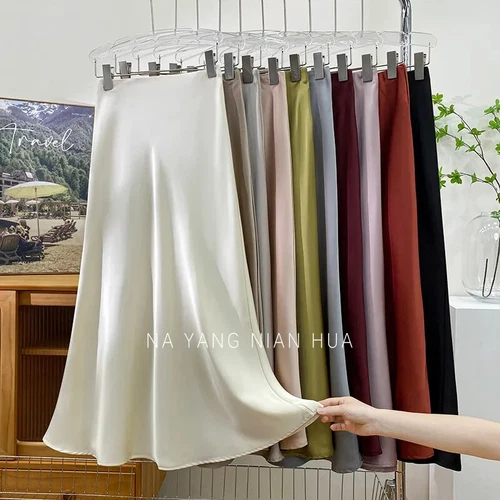 Satin High Waist Skirts Women Elegant Long Skirt Elegant Casual Office A-line - Picture 14 of 34