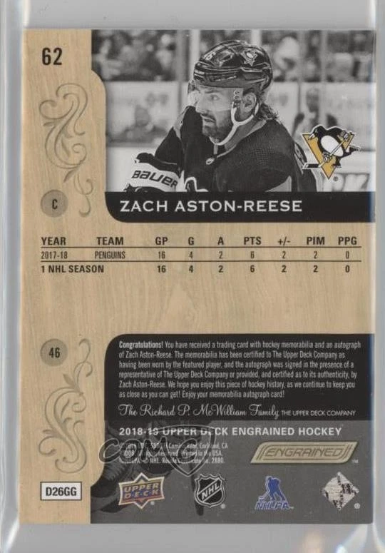 2018 Engrained Rookies Premium Memorabilia /65 Zach Aston-Reese Rookie Auto RC - Image 2 of 2