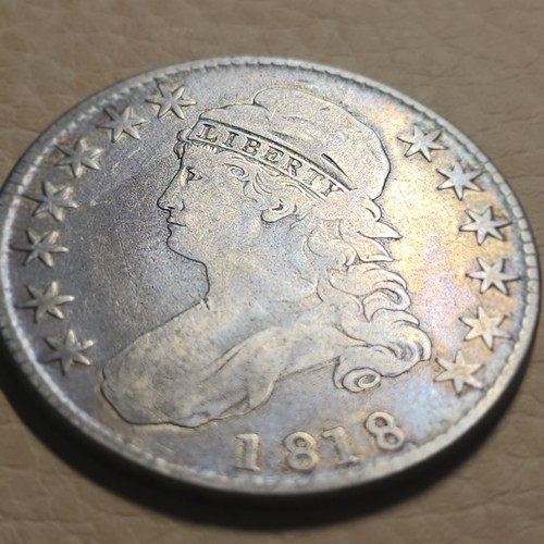 1818-P CAPPED BUST HALF DOLLAR. F/VF CONDITION. SMALL "8"s . TONED.
