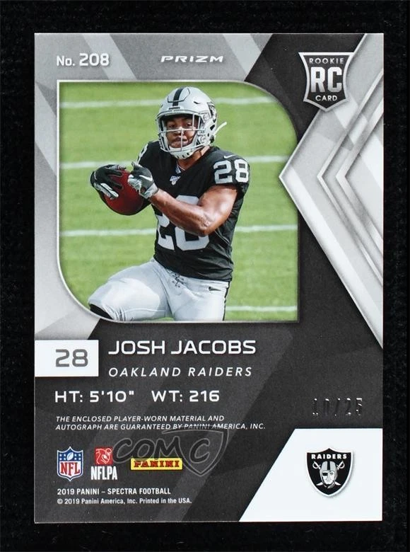 2019 Panini Spectra Neon Pink Prizm /25 Josh Jacobs RPA Rookie Patch Auto RC - Image 2 of 2
