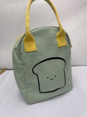 Fluf Zipper Happy Bread Lunch Bag Mint Green Canvas Yellow  Organic