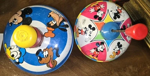 2 VTG Straco CheinWalt Disney Mickey Mouse 1970s Spinning Tin Top Metal TOYS