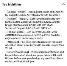 Go Kart Clutch 3/4  Bore 10T W/ 40 41 420 Chain For Go Kart Mini Bike Yerf-Dog