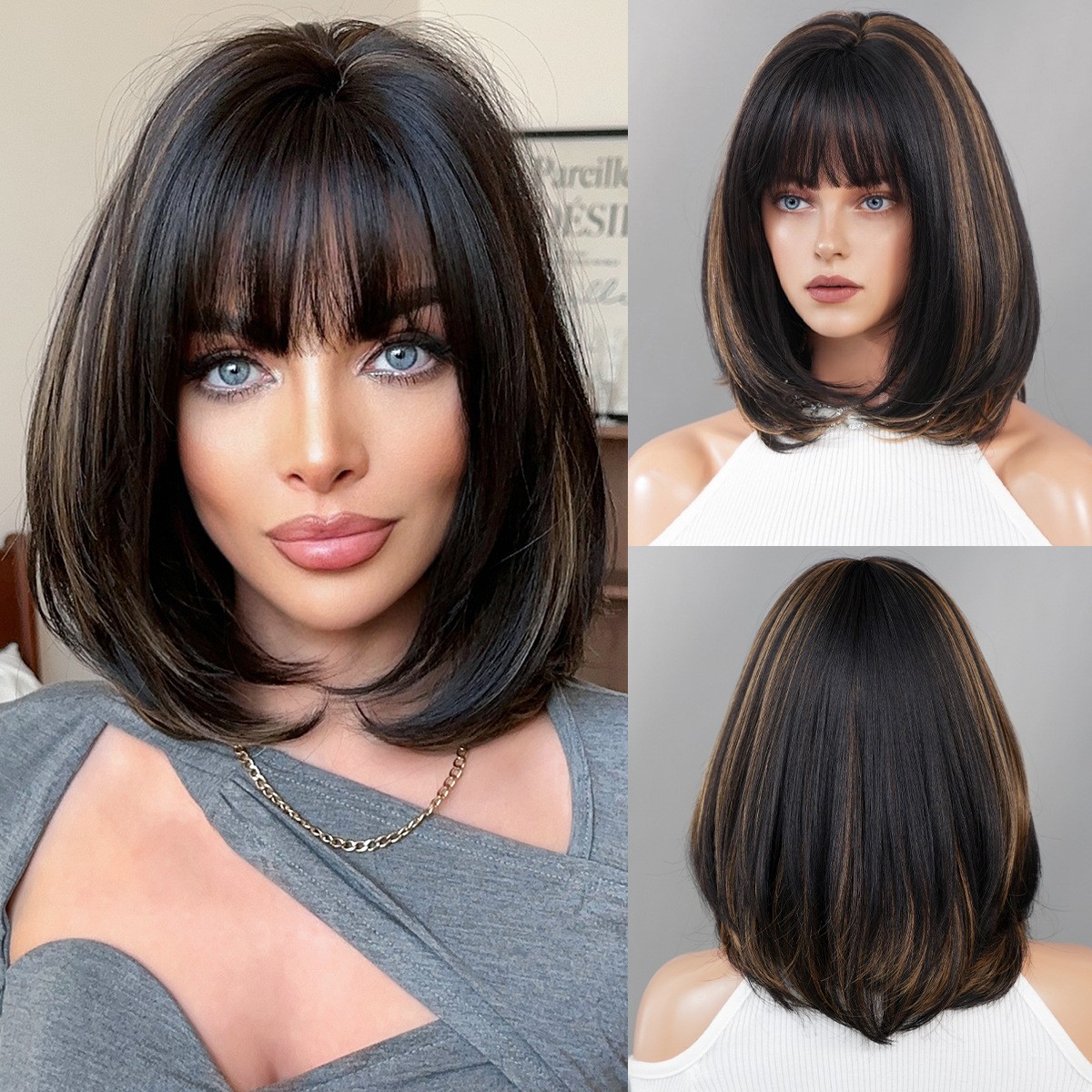 Natural Wig Shoulder Length Straight Highlights Brown Blonde Highlight Synthetic Lace Front Short Bob  main image 4