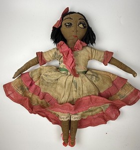 Vintage brown skin cloth rag doll embroidered original clothes dancer Hispanic ?