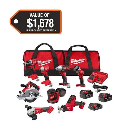 Milwaukee M18 18V Cordless Combo Kit 8-Tool with 3 Batteries, Charger, Bag