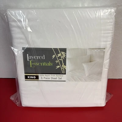 Layered Essentials 100% Rayon Bamboo 6 Piece Sheet Set, White, King New W/ Tags