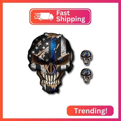 Decals by Haley Blue Line Skull Decal Sticker with Reflective Eyes Thin Stripe I