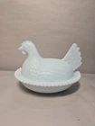 Vintage Indiana White Milk Glass Chicken Hen on Nest Covered Dish w Beaded Top