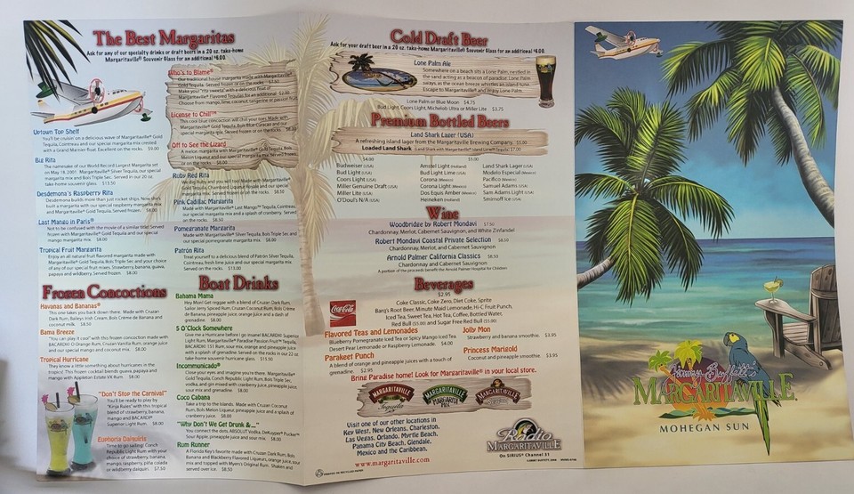 VINTAGE 2008 Jimmy Buffet Margaritaville Menu Mohegan Sun eBay
