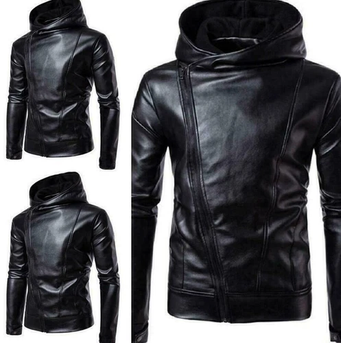 Men's Faux Leather Jacket Hooded Coat Slim Fit Stand Collar Motorcycle Casual OL