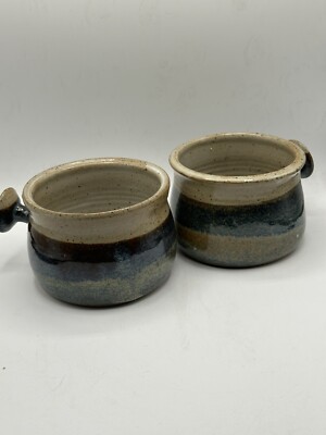 VTG Soup Bowl with Handle Set of 2 Stoneware Studio Art Pottery Signed 24 OZ Max