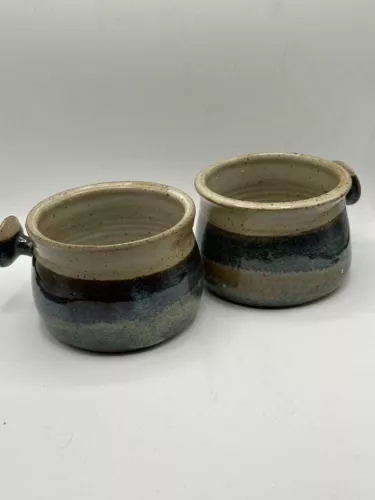 VTG Soup Bowl with Handle Set of 2 Stoneware Studio Art Pottery Signed 24 OZ Max