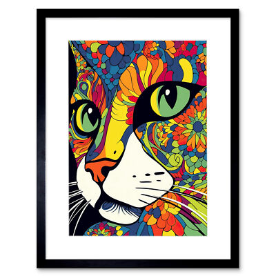 Psychedelic Portrait Cat Painting Vivid Mandala Pattern Framed Art Print 12X16