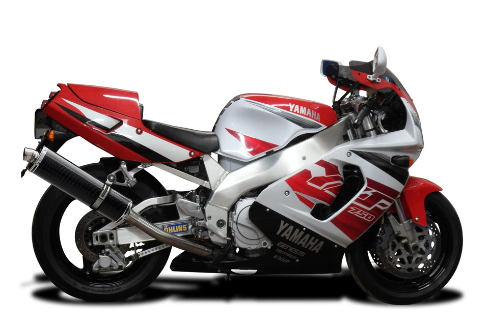 Silenciador de escape ovalado de fibra de carbono Yamaha YZF750R Delkevic Slip On 18" 94-98 Foto 3 de 4