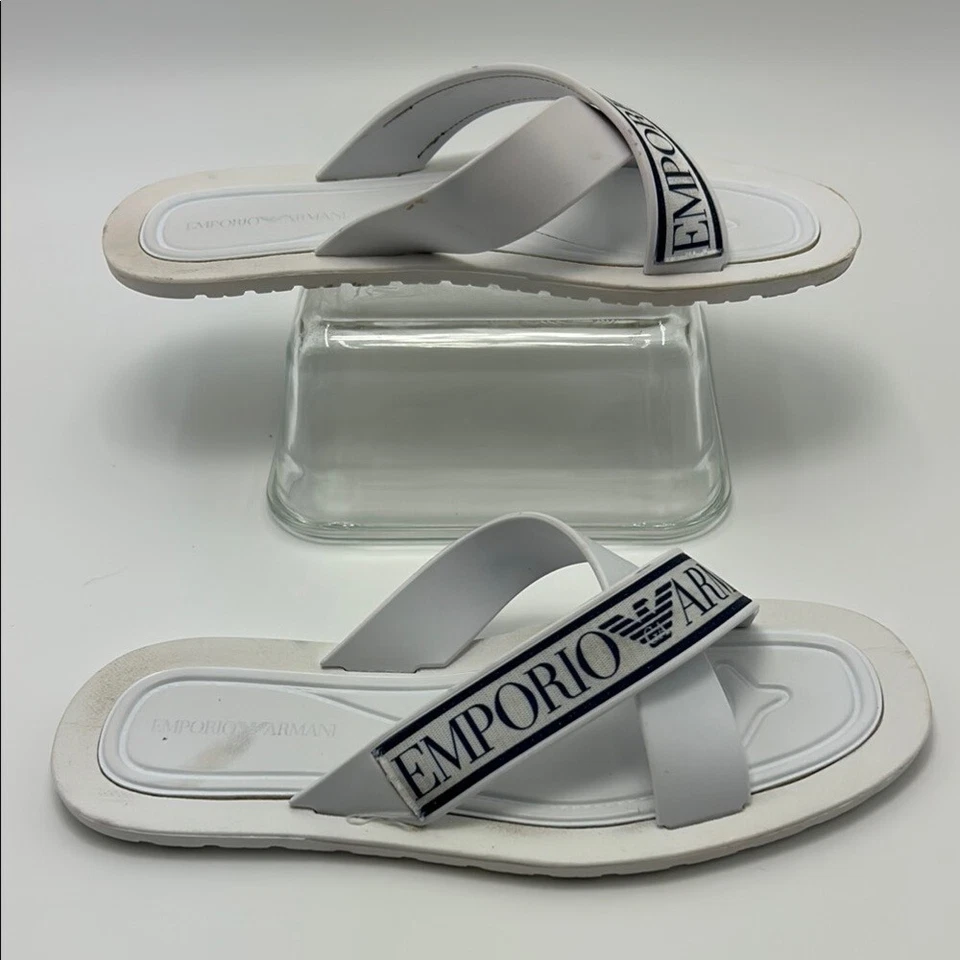 Sandálias Masculinas Emporio Armani 8 Azul Branco Criss Alças Cruzadas Slip On  - Imagem 4 de 4