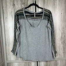 Free People Thermal Top Medium Gray Color V Neckline Oversized Long Sleeves