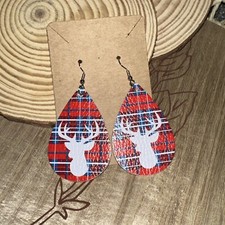 Deer Buck Red Black Plaid Christmas Holiday Earrings 2" Faux Leather Teardrop