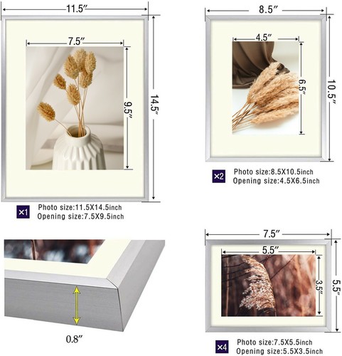 Set of 7 Aluminum Metal Picture Frames Collection with Ivory Mat & Real Glass - Picture 2 of 8