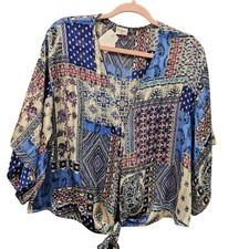 By Together Medium Sheer Tie Front V Neck Top Floral Blue Black Made In The USA