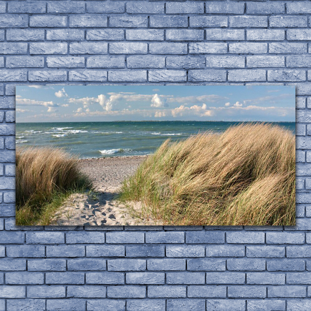 Tableau paysage sentier herbe mer en impression sur verre 140x70 cm panoramique