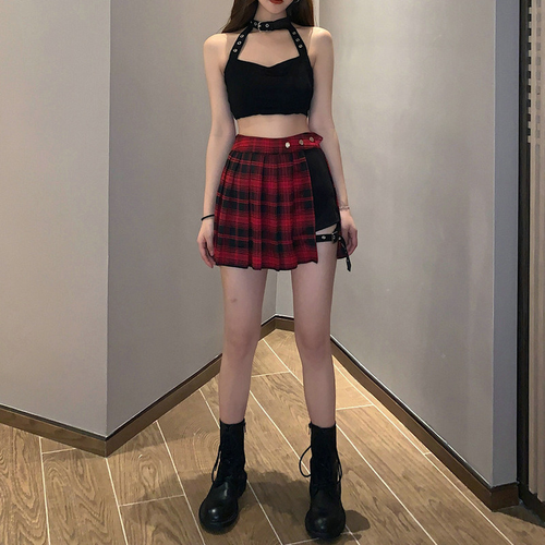 Gothic Women Check Skirt Punk Pleated Irregular Asymmetric Hollow Out Bandage - Picture 10 of 15