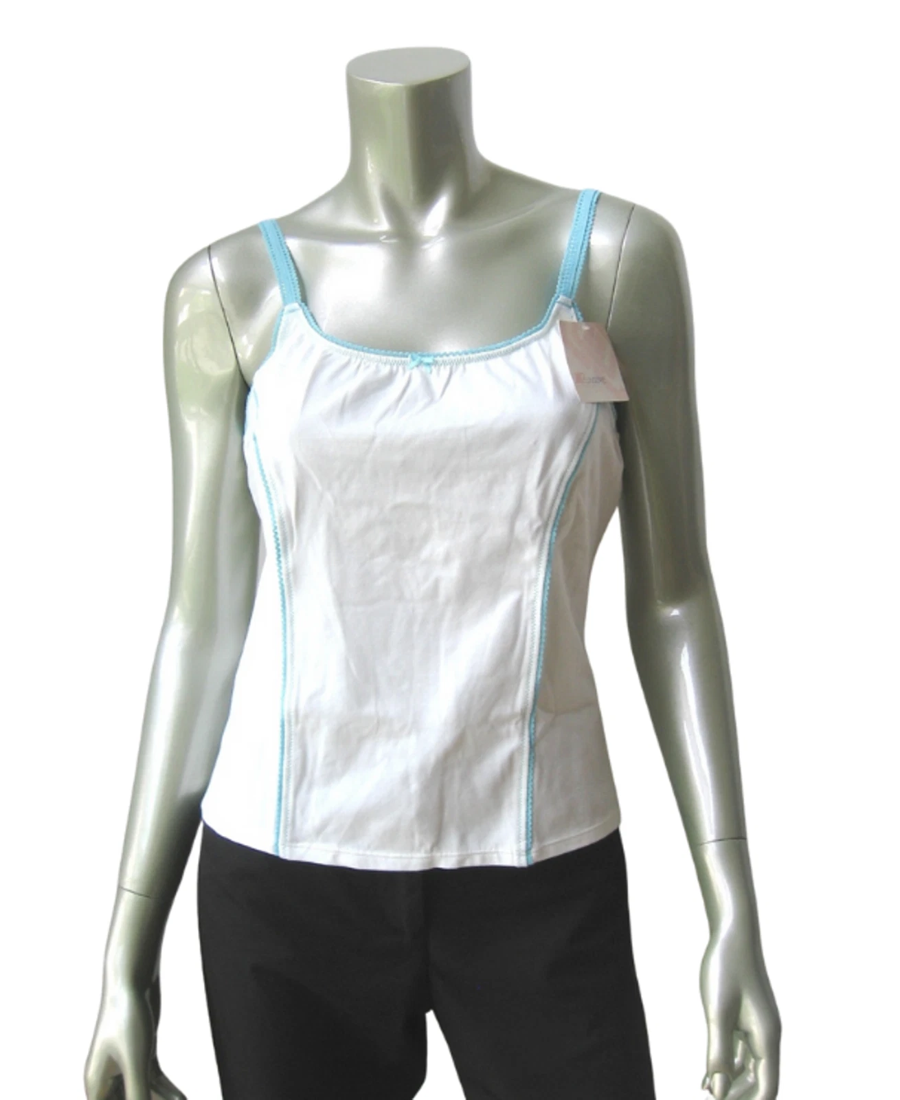 www.prominentresults.com :IN0017 JLO Jennifer Lopez NEW Women's Blue Picot White Knit Cotton Sleep Camisole Top L
