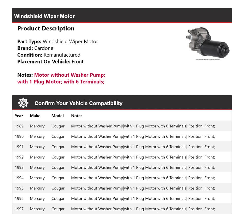 Motor limpiaparabrisas delantero cardone 1990 1991 1992 Mercury Cougar 1989-1997 Foto 2 de 4