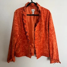 Chico's Rory Jacquard Blazer Orange Ruffle Paisley Open Front Long Sleeve Sz 2/M