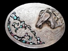 NF07168 VINTAGE 1970s HORSE ABALONE SOUTHWESTERN DESIGN BELT BUCKLE