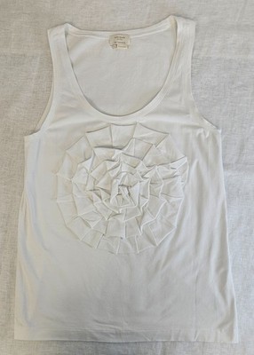 Kate Spade White Rosette Tank Top Large Cotton Textured Sleeveless Blouse
