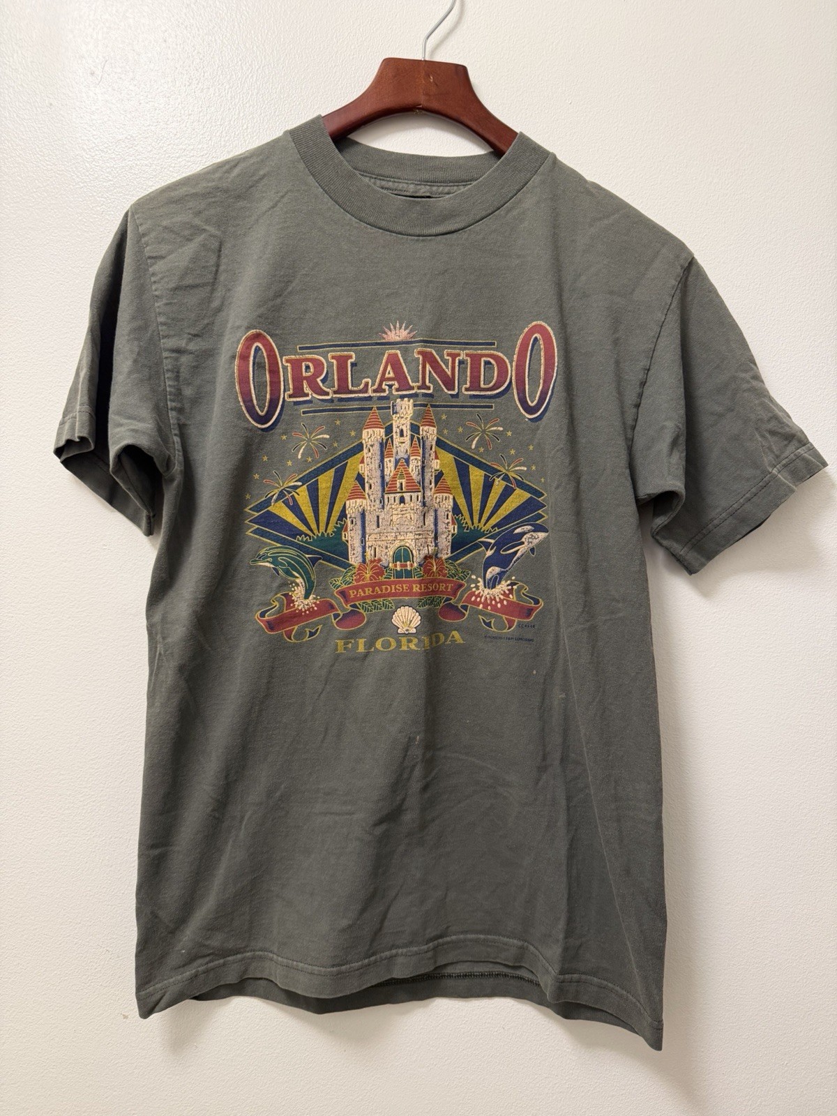 Vintage Orlando Florida Dolphins Castle Graphic T-Shirt Green Men’s Medium USA