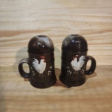 Vintage Brown Drip Paint Salt & Pepper Shakers Roosters Handles Japan Red Clay