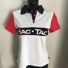 HAC TAC POLO SHIRT Top Womens Uk 10 Red White T-shirt Collar SMART Casual