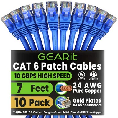 GEARit Cat 6 Ethernet Patch Cable 7 ft Blue (10 Pack) Ñ Cat6 7 Feet,