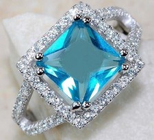 3CT Aquamarine  White Topaz 925 Solid Sterling Silver Ring Sz 8 UB2-5